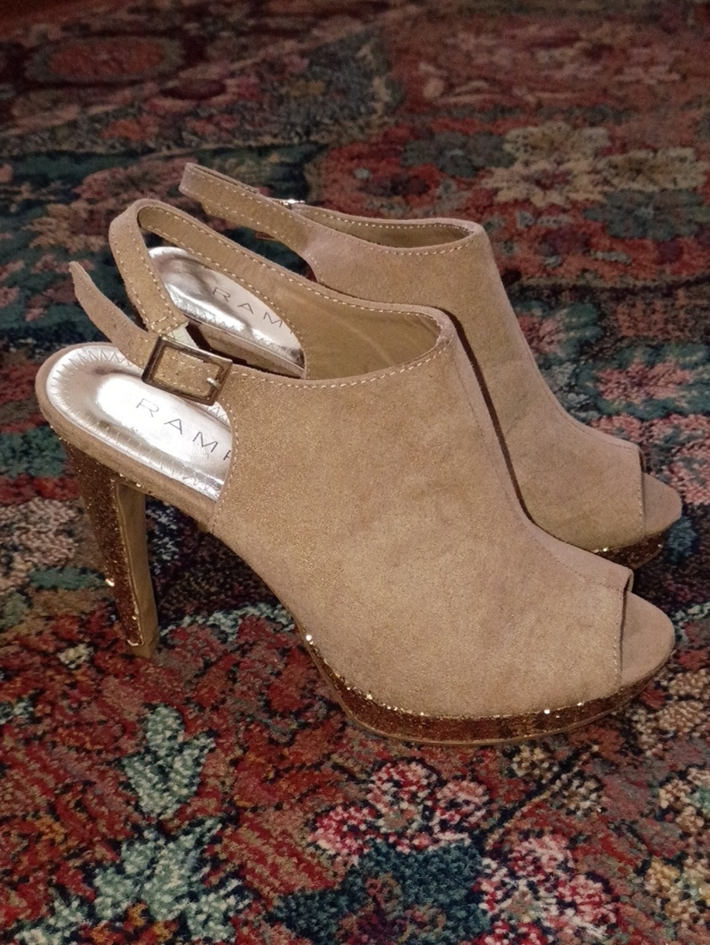 Rampage Taupe Suede Peep-Toe Slingback Heels with Glitter Platform